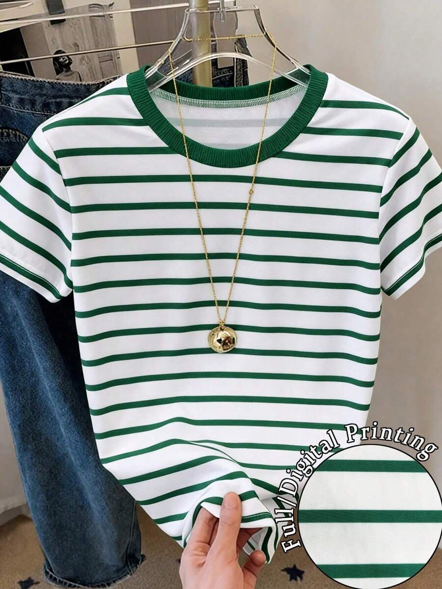 Resyla Women's Short Sleeve T-Shirt With Round Neck And Striped Print, Suitable For Summer Holidays And Everyday Wear - Aneka warna 5 - View 1