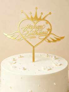 3pcs Gold Mirror Acrylic Happy Birthday Cake Topper With Heart, Crown & Angel Wing Frame, Elegant Cursive Letter With Stick For Cake Top Decoration, Birthday Party, Festive Celebration Cake Decor Supplies - A - View 3