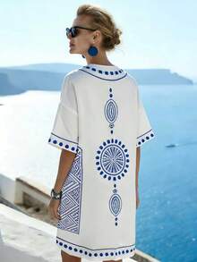 2026 New Summer Women Greek Style Loose Batwing Sleeve Blue & White Vacation Beach Dress Elegant - Blue - View 2