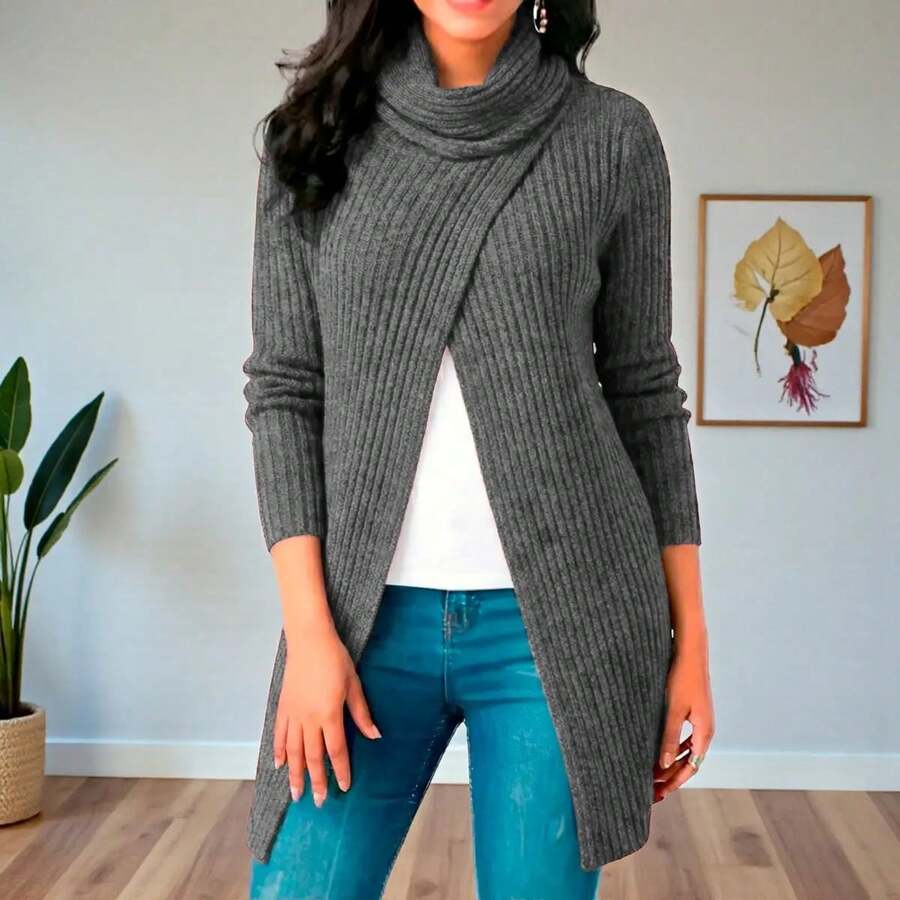 Women's Cardigans With Front Opening And Turtleneck - Comfortable And High Quality - Dark Grey - View 1