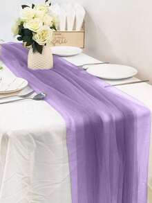 1pc/2pcs 2m Solid Light Purple Yarn Table Runner, Mesh Arch Wedding Arch Fabric Tablecloth, Birthday Party Tablecloth Decoration, Valentine's Day Background Decoration, Polyester Romantic Party Wedding Tablecloth Decoration - Purple - View 1