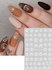 2pcs Autumn Pumpkin Nail Stickers, Halloween White Line Pumpkin, Autumn Thanksgiving Cute Fruit & Vegetable Nail Sliders, Trick Or Treat Holiday Nail Art Decor Nail Supplies - White - View 5