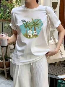 夏季新款圓領 DTMF 圖案修身落肩 T-shirt，度假旅行海灘穿搭 - 白色6 - 查看 2