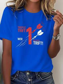 NEW Women's Pure Cotton Printed T-Shirt By Dart Art German Dart Triple Trident, Comfortable, Versatile, Casual, Short Sleeve - Vintage Urban Style, Unisex, Cotton, Short Sleeve - 藍色 - 查看 1