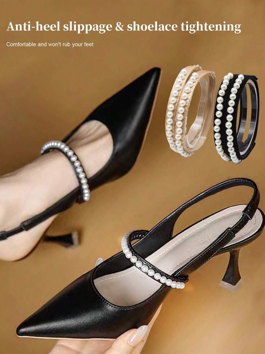 1 Paar Sommer Damen Kunstperlen elastische Schnürsenkel ohne Knoten, rutschfeste Fersenriemen, geeignet für High Heels, Sommersandalen und andere DIY Schuhzubehör - Verschiedenfarbig - Übersicht 1