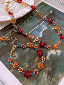 1pc Fashion Elegant Bohemian Style Geometric Beaded Flower Necklace, Suitable For Women's Daily Wear And Party, Daily Gift - Multicolor - View 3
