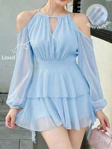 Vestido casual de mujer de unicolor elegante con mangas farol y hombros descubiertos - Celeste - Ver 1
