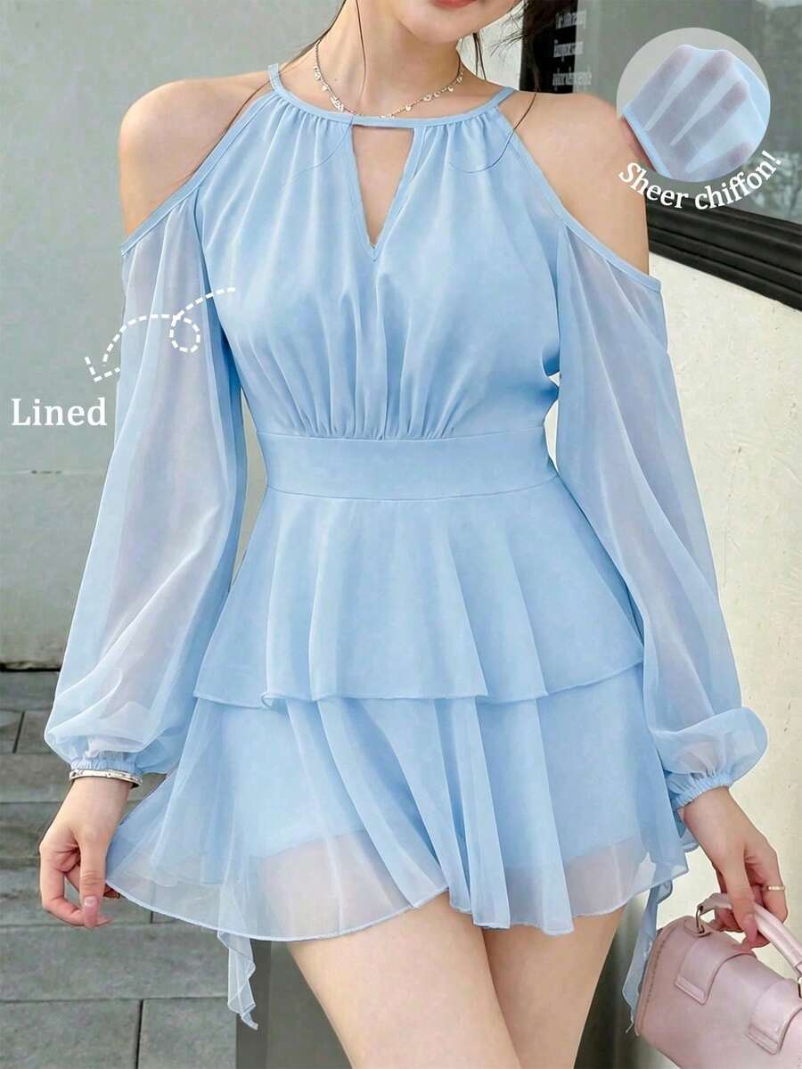 Vestido casual de mujer de unicolor elegante con mangas farol y hombros descubiertos - Celeste - Ver 1