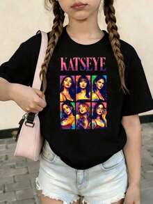 KATSEYE Printed Summer T-Shirts, Vintage Y2K Hip Hop Style, Short Sleeve T-Shirt, Summer Clothes For Girls, Toddler Girls' Clothes, Teen Clothes, Kids' Clothes - 軍綠色 - 查看 1