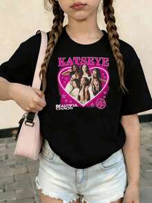 KATSEYE Printed Summer T-Shirts, Vintage Y2K Hip Hop Style, Short Sleeve T-Shirt, Summer Clothes For Girls, Toddler Girls' Clothes, Teen Clothes, Kids' Clothes - 紅色 - 查看 1