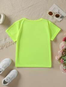 Girls' Short-Sleeved T-Shirt, Summer Style, With "Cherry Bomb" Print, Bow And Cartoon Cherry Design, Casual And Versatile Top NY-DX9386 - 藍色 - 查看 2