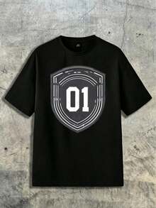 Estampado de escudo deportivo "01" con diseño vintage desgastado, estilo streetwear inspirado en emblemas deportivos, playera de méxico - Negro - Ver 1