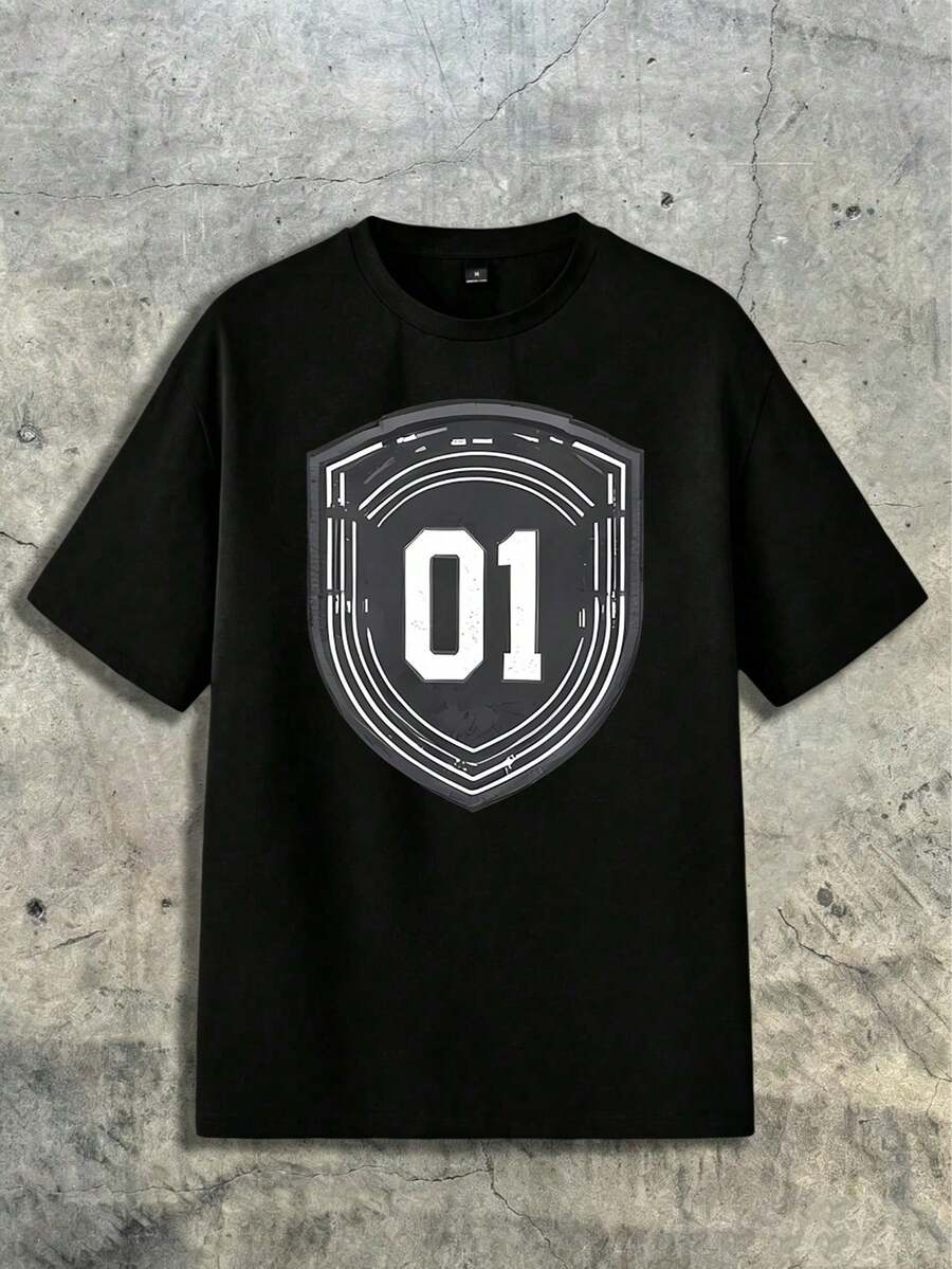 Estampado de escudo deportivo "01" con diseño vintage desgastado, estilo streetwear inspirado en emblemas deportivos, playera de méxico - Negro - Ver 1