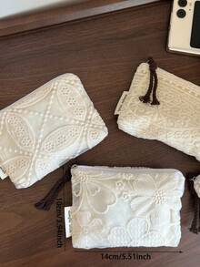 刺繡蕾絲白色鏤空網格化妝包 錢包卡夾 復古花卉旅行收納袋 拉鍊化妝收納包 女用 硬幣包 - 白色 - 查看 7