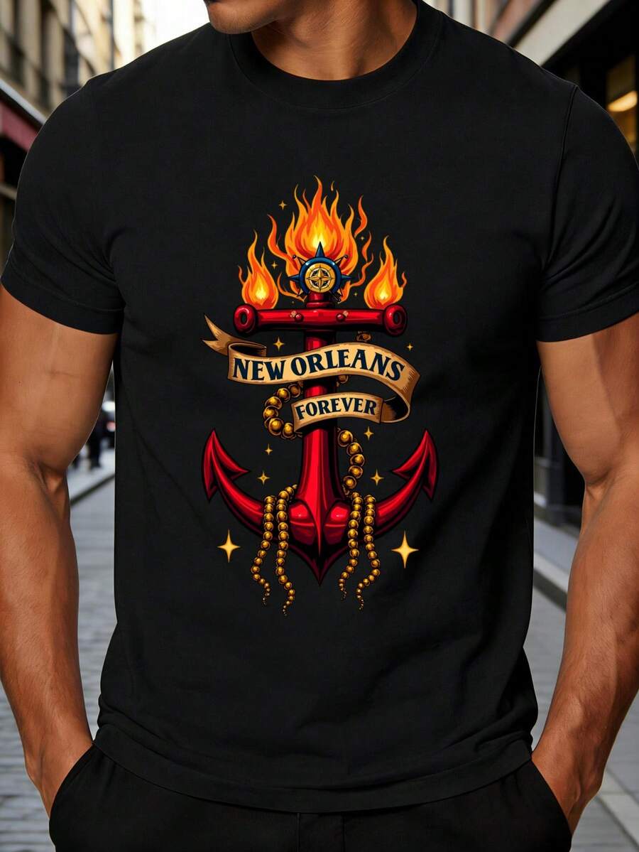 Men's Vintage Nautical Style T-Shirt, Anchor And Flame Design New Orleans Forever, Summer Casual Wear, Gift For Travel Enthusiasts And City Lovers - 黑色 - 查看 1