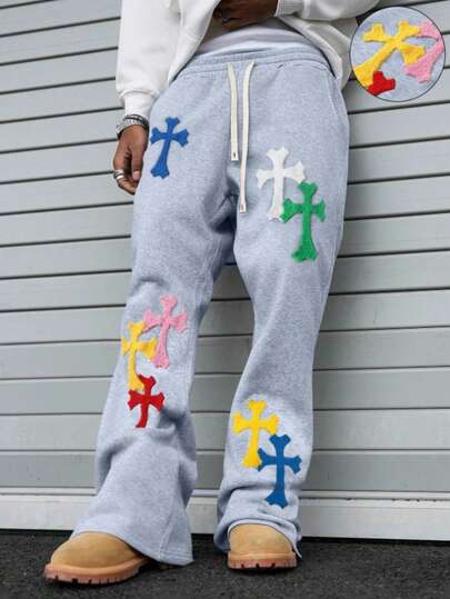 Men'S Cross Pattern Drawstring Waist Casual Loose Sweatpants, Creative 3D Embroidery Straight Loose Long Sweatpants