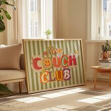 1pc Retro The Couch Club Typography Canvas Wall Art Green Striped Poster Cute Aesthetic Smiling Face Print For Dorm Living Room Decor Unframed , Framed Or Wooden Hanging Scroll - Pattern - View 3