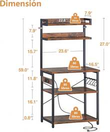 LOKOOY 5-Tier Storage Cabinet, Kitchen Shelf With Outlets And 5 Hooks, Microwave Rack, Multipurpose Cabinet For Kitchen, Living Room, Office, Cafe - White - View 3