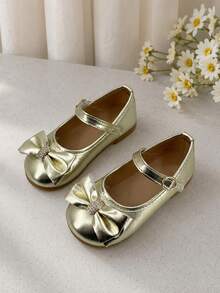 Girls Mary Jane Shoes Buckle Strap Bow Decor Easy Wear Flats - Gold - View 4