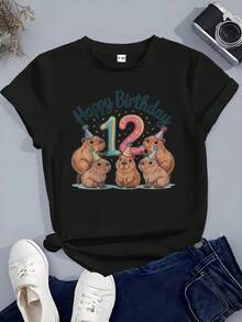 Nuevo en 2026 Camiseta el cumpleaños el 12 años para niñas - Suave camiseta el algodón rosa con capybaras el dibujos animados, sombreros el colorido y Feliz cumpleaños con diseño el 12 pulga - Negro - Ver 1