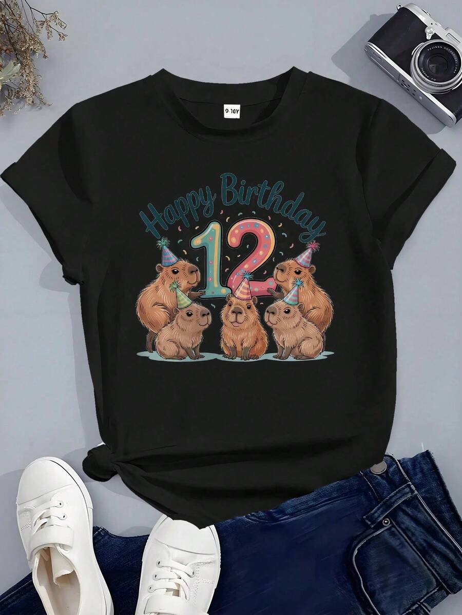Nuevo en 2026 Camiseta el cumpleaños el 12 años para niñas - Suave camiseta el algodón rosa con capybaras el dibujos animados, sombreros el colorido y Feliz cumpleaños con diseño el 12 pulga - Negro - Ver 1