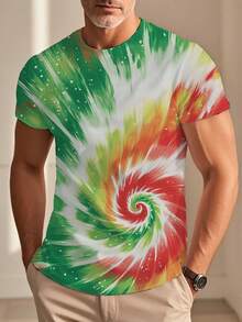 1 Camiseta de manga corta para hombre, tejido de poliéster ligeramente elástico, estampado de patrón en espiral multicolor, estilo bohemio urbano, uso para todas las estaciones, ropa de vera - Negro - Ver 2