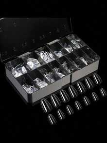 240pcs Transparent Natural Carved Pointed/Coffin/Almond/Square Full Cover Fake Nails, Women Girls Home Use Nail Salon Extension DIY Nail Art Supplies - Clear - View 3