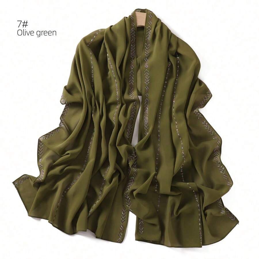 1 Piece Solid Color Rhinestone Chiffon Hijab, Elegant Faux Rhinestone Scarf, Sunscreen Shawl For Women, Ideal For Dresses. - Rusty Rose - View 1
