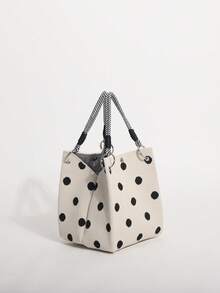 1pc Black & White Contrast Polka Dot Women's Handbag, Woven Fabric Bucket Bag With Round Ring Braided Handle, Suitable For Outing, Shopping Or Commuting (Handle Needs Self-Assembly) - Black and White - View 5