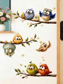 1pc Cartoon Cute Birds On Flower Branches Wall Decal Sticker, Removable Room Decor For Bedroom, Living Room, Kids Room - 1PC - View 2