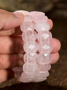 Gelang Rose Quartz Alami, Batu Alam Manis, Kristal Berfaset, Manik-manik Persegi Elegan, Perhiasan Pasangan - Baby Pink - View 4
