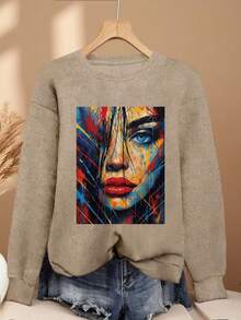 Áo len dệt kim nữ size lớn mặc hàng ngày, họa tiết graffiti, tay dài, cổ tròn, phong cách casual cho mùa xuân/thu - Lạc đà - Xem 1