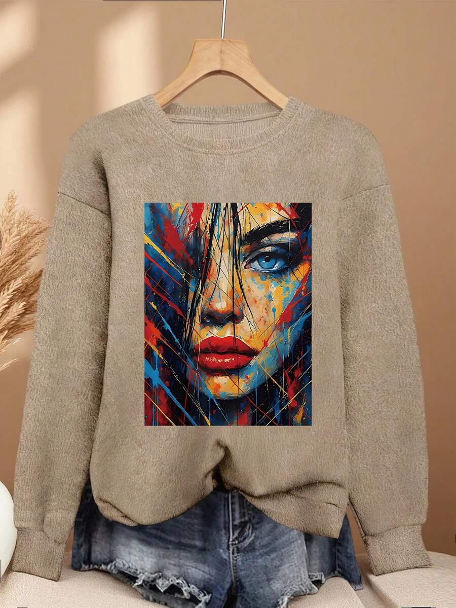 Áo len dệt kim nữ size lớn mặc hàng ngày, họa tiết graffiti, tay dài, cổ tròn, phong cách casual cho mùa xuân/thu - Lạc đà - Xem 1