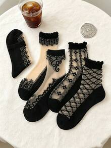 5 Pairs Women Black Lace Sheer Crew Socks, Summer Ultra-Thin Transparent Crystal Silk Non-Slip Cotton Sole Short Socks - Multicolor - View 6