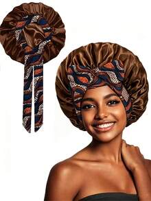 CONFLASS 1pc Women's Pink Printed Satin Sleep Bonnet With Long Ties, Butterfly & Floral Print, Elastic Wide Band Hair Wrap, Suitable For Sleep And Styling, Anti-Frizz, Fits Long Braids And Dreadlocks - Multicolor - View 5