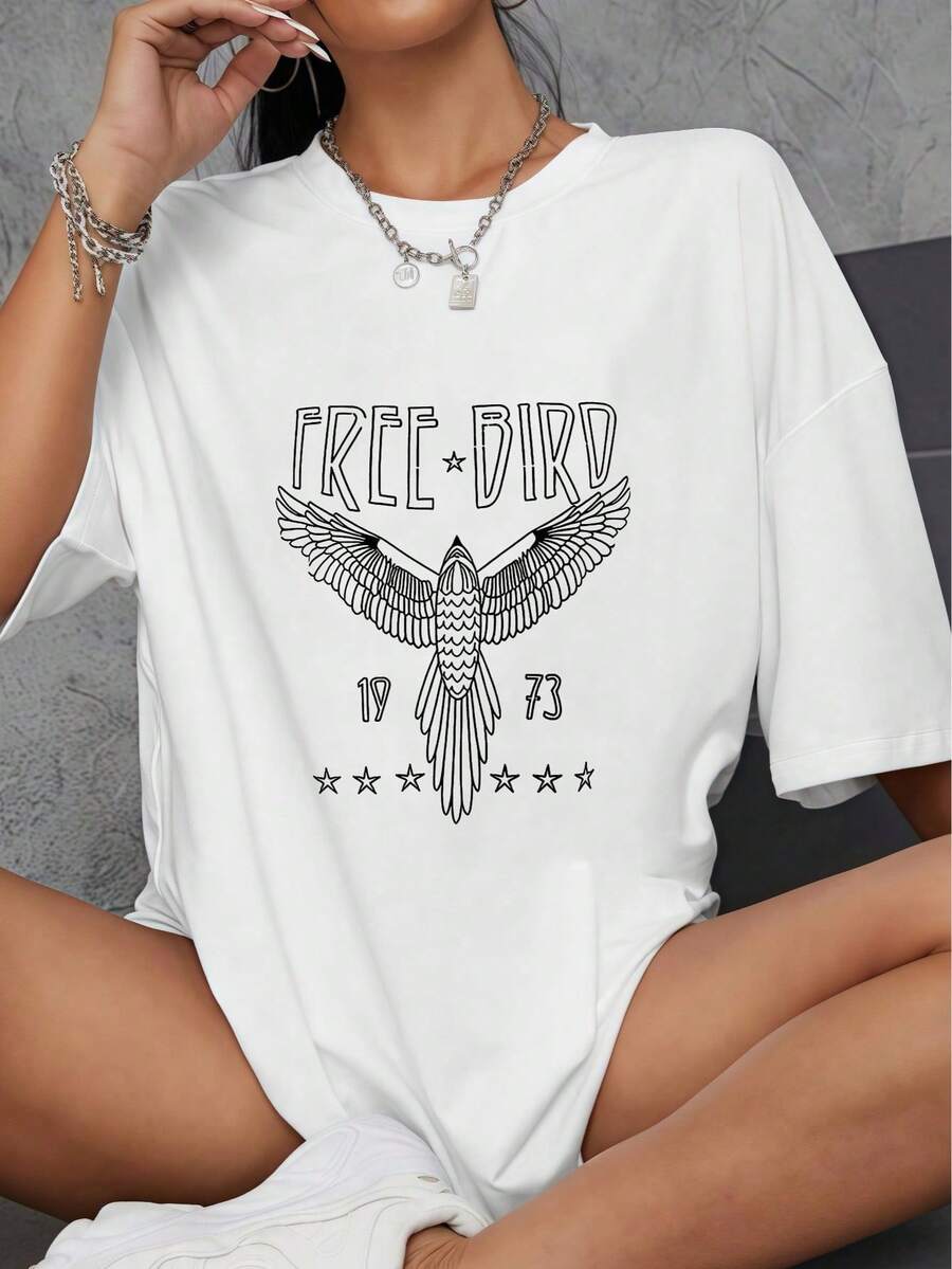 AINO 1 Piece Women's T-Shirt, 100% Cotton, Rock Style, Vintage Graphic Print Bird And Eagle, For Country Music Concerts, Casual, Short Sleeve, Classic Style, 180g - 白色 - 查看 1