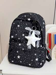 1 pieza Mochila con patrón de estrellas para niñas, mochila de nailon para adolescentes con cierre de cremallera, gran capacidad, sin colgante - A - Ver 7