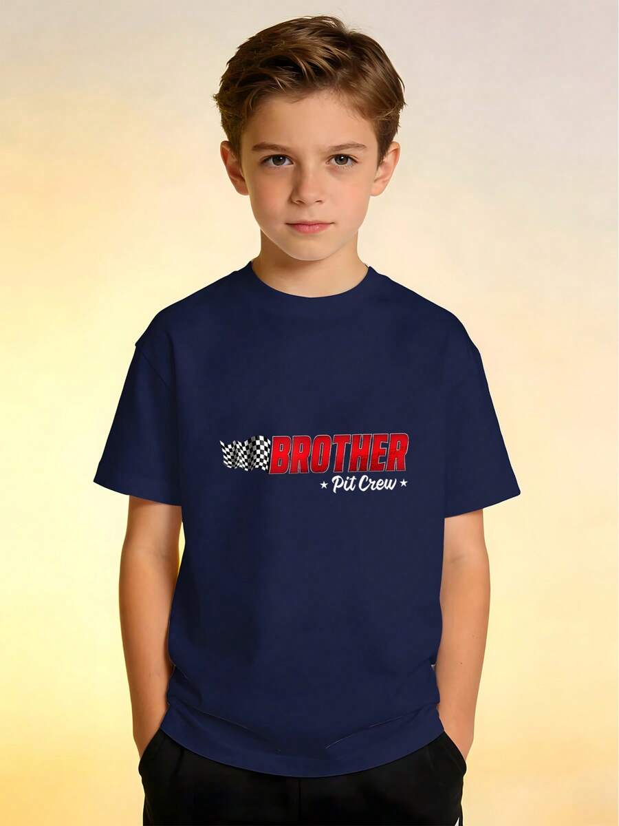 1 Piece Boy's T-Shirt With Humorous Brother Pit Team Racing Graphic, Popular For Birthdays And Family Parties, Urban Style. - 灰色 - 查看 1