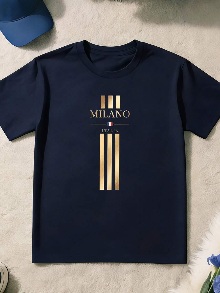 T-Shirt For Children And Teenagers, Fun Design With "Milan Italy" Print, Suitable For Casual Games And Sports Both Indoors And Outdoors, Fashionable Summer Top, I - 灰色 - 查看 1