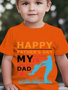 Camiseta de manga corta de moda para niños para el Día del Padre de verano, con estampado de dibujos animados de papá sosteniendo a un niño en sus brazos, "FELIZ DÍA DEL PADRE, MI PADRE ES M - Rojo - Ver 7