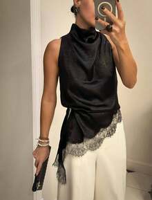 Women's Sleeveless Blouse With Wrap Neck, Black Satin With Asymmetrical Lace Edge Detail, Elegant Top For Office And Formal Outings - 黑色 - 查看 3