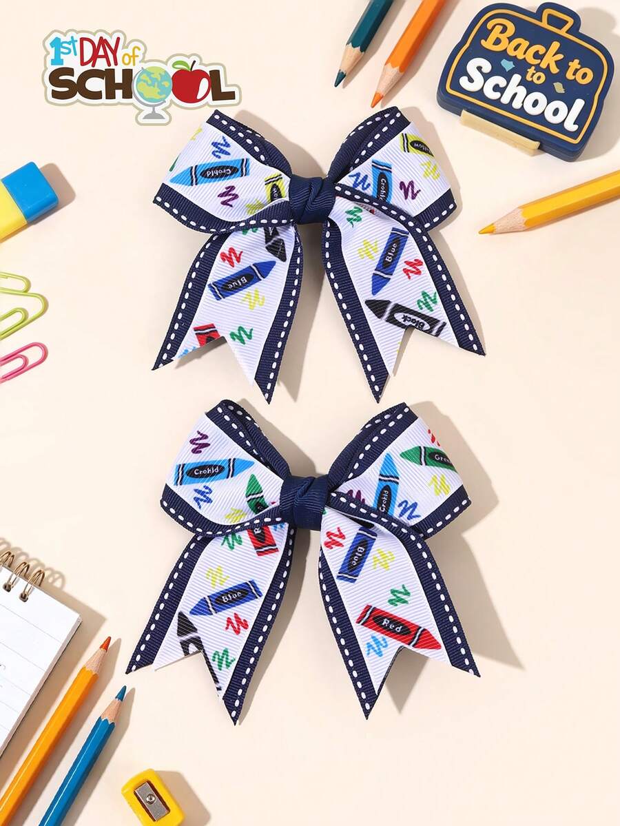 2pcs Girls Back To School Colorful Pencil Print Bow Hair Clips, Cute Crocodile Clips Student Hair Accessories, Teen Hair Clips - Navy Blue - View 1