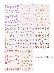 6 Sheets 3D Flower Nail StickersWatercolor Rose Daisy Lavender Line Floral Random Mixed Designs Nail Decals Self-Adhesive Decals For Wedding Vacation & Daily DIY Manicure Nail Decoration - Multicolor - View 7