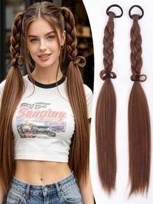 Women's Pre Braided Ponytail Hair Extensions, Handmade Synthetic Braids With Elastic Hair Tie, 2 Styles Single & Double Braided Pigtail Hairpieces For Daily Party Festival, Halloween - Multicolor - View 12