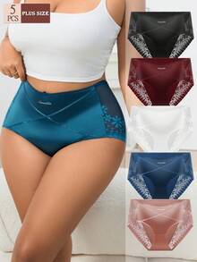 5pcs/Pack Celana Dalam Wanita Eropa Gaya Prancis Satin Ukuran Besar Warna Polos Seksi dengan Hiasan Renda - MultiWarna - View 1