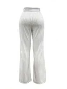 Women's Trousers 2025 Summer Fashion Overlay Waist Mesh Sheer Patch Casual Plain High Waist Wide Leg Long Flared Trousers Streetwear - 白色的 - 查看 3
