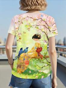 Women's One-Piece Summer T-Shirt, Round Neck And Short Sleeves, With Floral And Bird Print In Japanese, Korean And Chinese Style, Retro, Elegant And Casual, With Delicate Colors - 軍綠色 - 查看 4