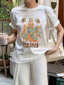 夏季新款圓領 DTMF 圖案修身落肩 T-shirt，度假旅行海灘穿搭 - 白色8 - 查看 2