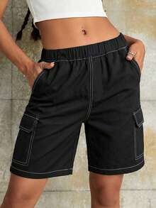 1 pieza Shorts tipo bermuda deportivos casuales personalizados con múltiples bolsillos para niñas adolescentes, primavera verano otoño - Negro - Ver 4
