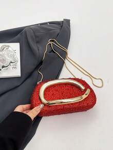 Women's Rhinestone Rounded Rectangular Evening Clutch Bag, Curved Oval Front Handle Handbag, Fashionable Crossbody Bag, Suitable For Wedding, Ball, Valentine's Day Party - Red - View 4